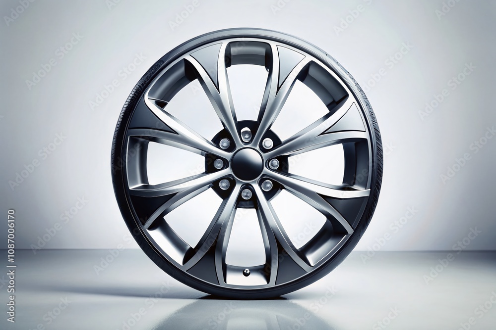 Silhouette of a Modern Car Wheel on Light Alloy Disc from Front View Isolated on White Background for Automotive Design and Advertising Use Silhouette of a Modern Car Wheel on Light Alloy Disc from Front View Isolated on White Background for Automotive Design and Advertising Use