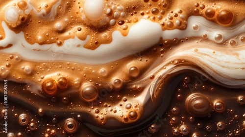 Abstract close-up of swirling bronze and cream liquid with air bubbles.  The metallic sheen and rich tones create a luxurious and captivating image. photo