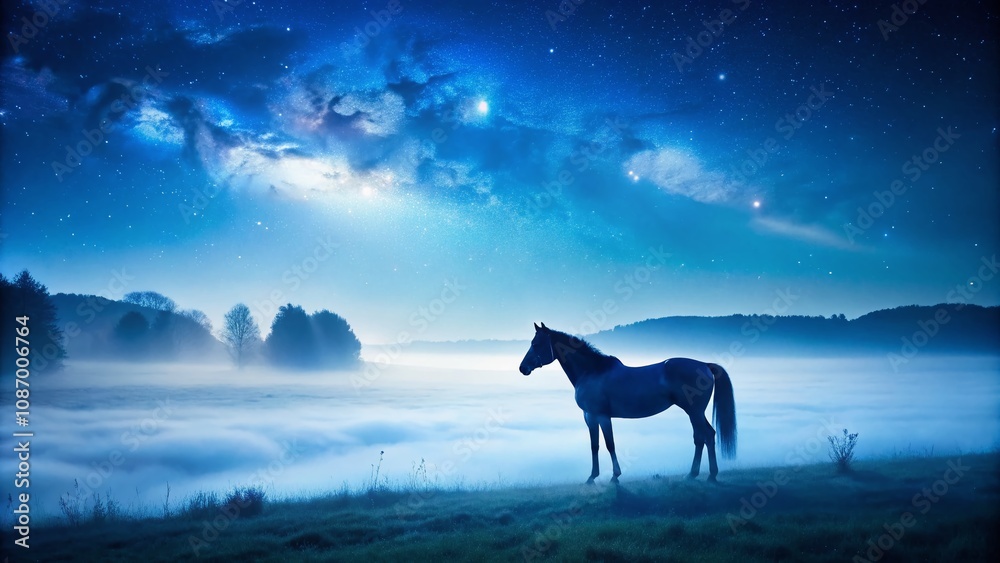 Enigmatic Horse Standing Alone in a Foggy Field Under a Starry Night Sky with Mystical Blue Hues and Ethereal Atmosphere for Serene Landscape Photography Enigmatic Horse Standing Alone in a Foggy Field Under a Starry Night Sky with Mystical Blue Hues and Ethereal Atmosphere for Serene Landscape Photography