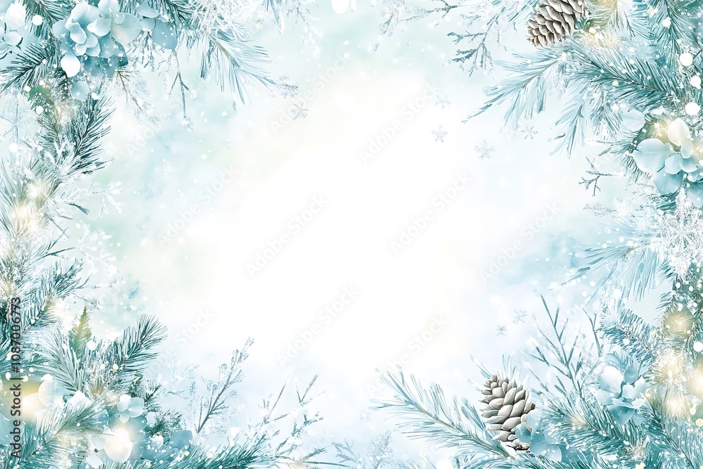 A light blue, frozen frame with white snow, pine leaves, and small silver pine cones on the sides A light blue, frozen frame with white snow, pine leaves, and small silver pine cones on the sides