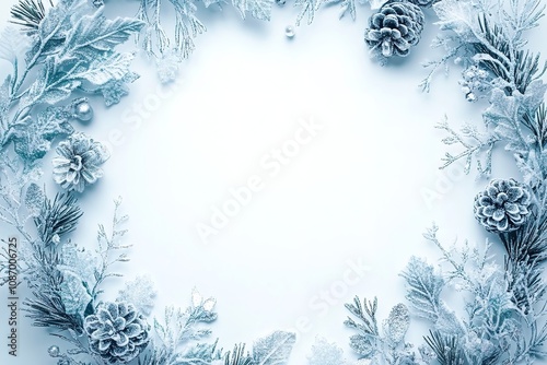 A light blue, frozen frame with white snow, pine leaves, and small silver pine cones on the sides