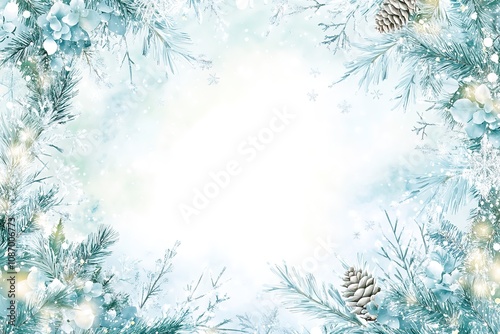 A light blue, frozen frame with white snow, pine leaves, and small silver pine cones on the sides