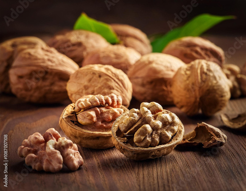 un grupo de nueces partidas sobre una mesa de madera junto a otras nueces enteras photo