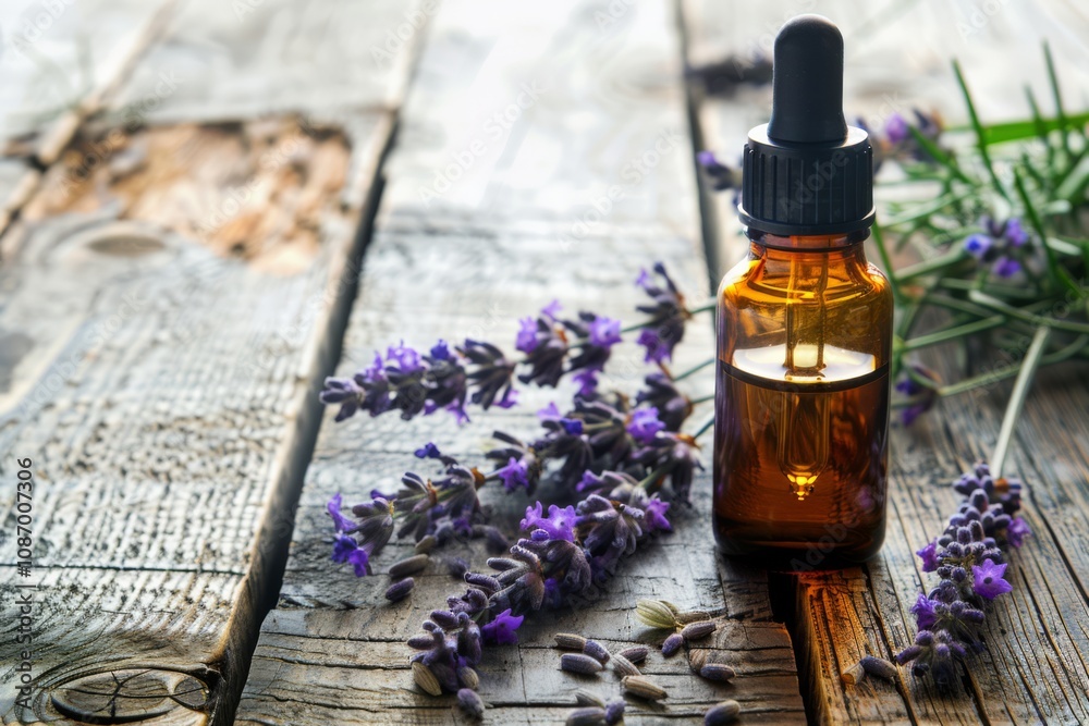 Side View of a Glass Bottle Containing Essential Oil Surrounded by Fresh Lavender Sprigs on a Rustic Wooden Surface Side View of a Glass Bottle Containing Essential Oil Surrounded by Fresh Lavender Sprigs on a Rustic Wooden Surface