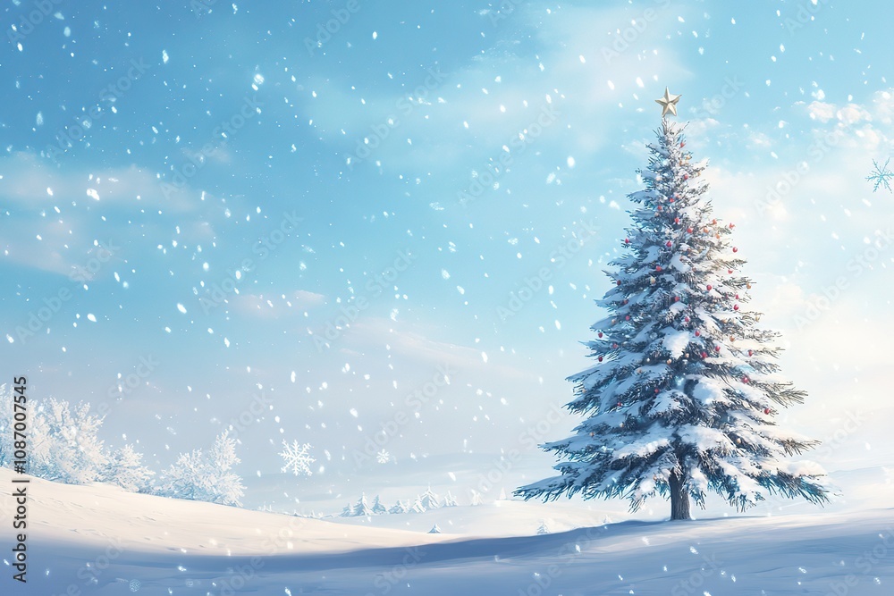 A Christmas tree with toys on a snowy background. This image represents the concept of Christmas and the New Year. A Christmas tree with toys on a snowy background. This image represents the concept of Christmas and the New Year.
