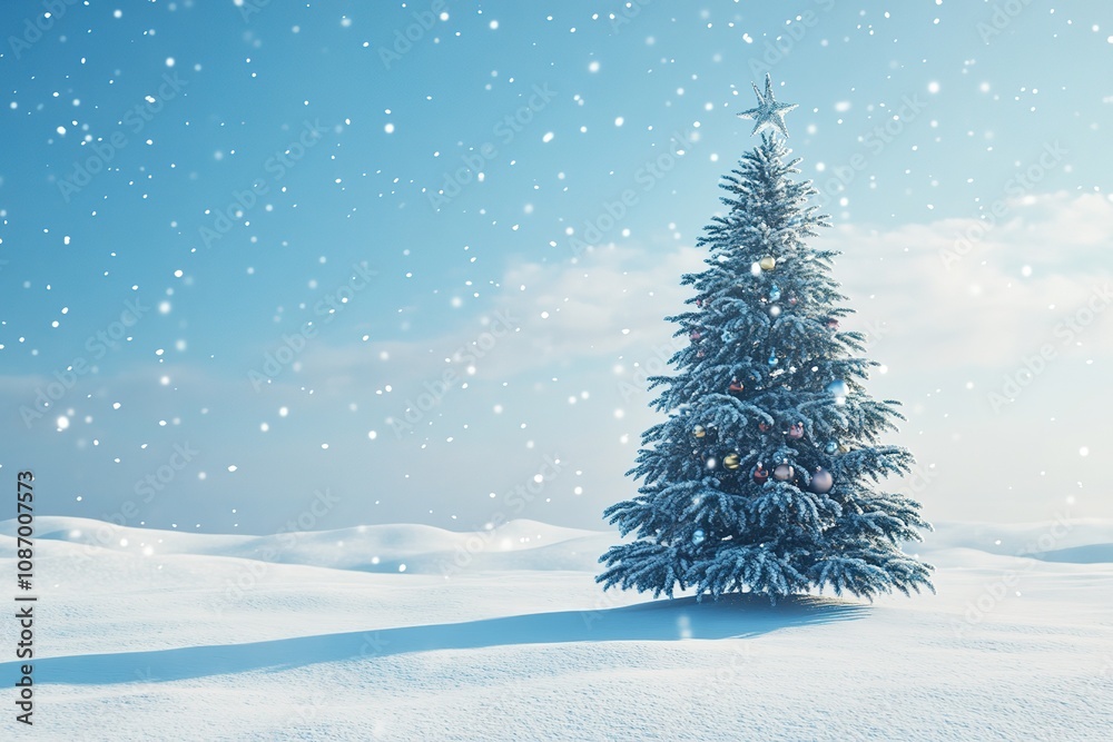 A Christmas tree with toys on a snowy background. This image represents the concept of Christmas and the New Year. A Christmas tree with toys on a snowy background. This image represents the concept of Christmas and the New Year.