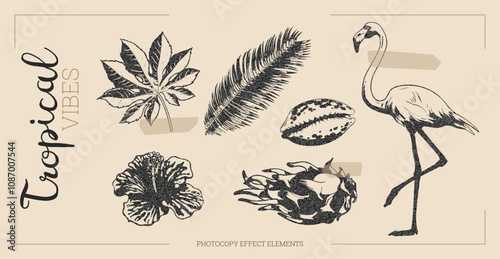 Tropical flowers and flamingo with photocopy effect.