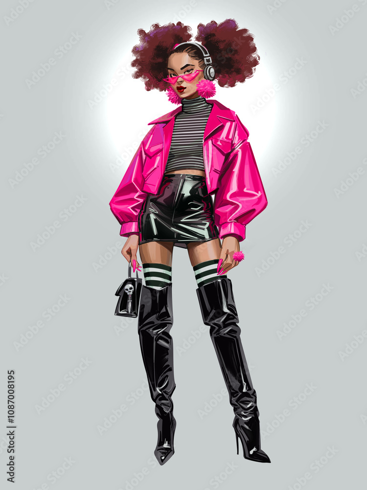 Japanese fashionista in cute harajuku style with two big frizzy buns in her hair, shiny clothes, a biker jacket, vinyl mini skirt and thigh high boots. Illustration. Japanese fashionista in cute harajuku style with two big frizzy buns in her hair, shiny clothes, a biker jacket, vinyl mini skirt and thigh high boots. Illustration.