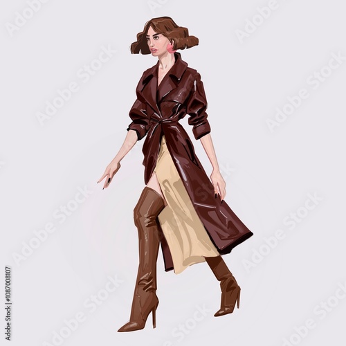 Digital painting of a Fashionable woman dressed in all brown shades, walking confidently wearing a trenchcoat, maxi skirt with slit and high heeled thigh high boots, her hair is a wavy bobcut