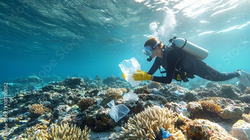Conservationist gently picking up plastic waste and marine debris from a coral reef underwater with soft natural lighting illuminating the scene  Environmental conservation and ocean cleanup concept photo