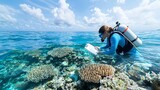 Researcher Examining Coral Health in Marine Sanctuary with Soft Natural Light Creating Peaceful Underwater Scene  Scientific and Conservation of Coral Reef Ecosystem