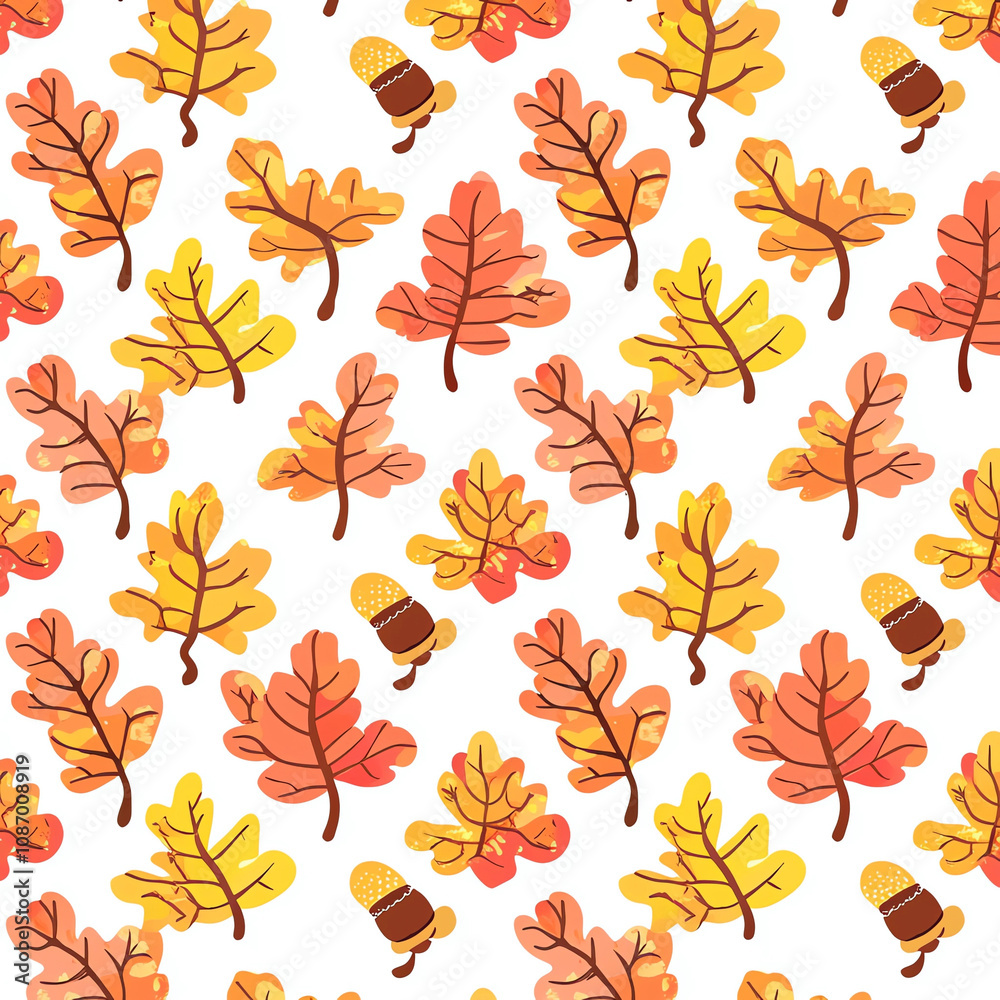 Cartoon autumn pattern with acorns and oak leaves, on a white background, vector illustration, flat design, cute style, colorful.
Cartoon autumn pattern with acorns and oak leaves, on a white background, vector illustration, flat design, cute style, colorful.