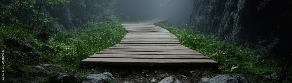 Fototapeta premium A serene wooden pathway winding through a lush, misty forest, inviting a sense of adventure and tranquility.