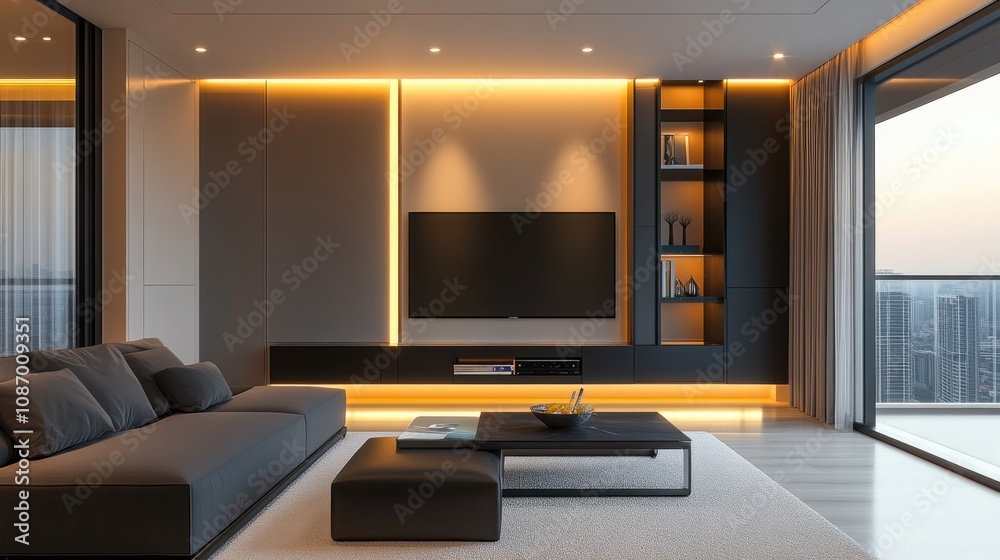 Modern Living Room with City View Modern Living Room with City View