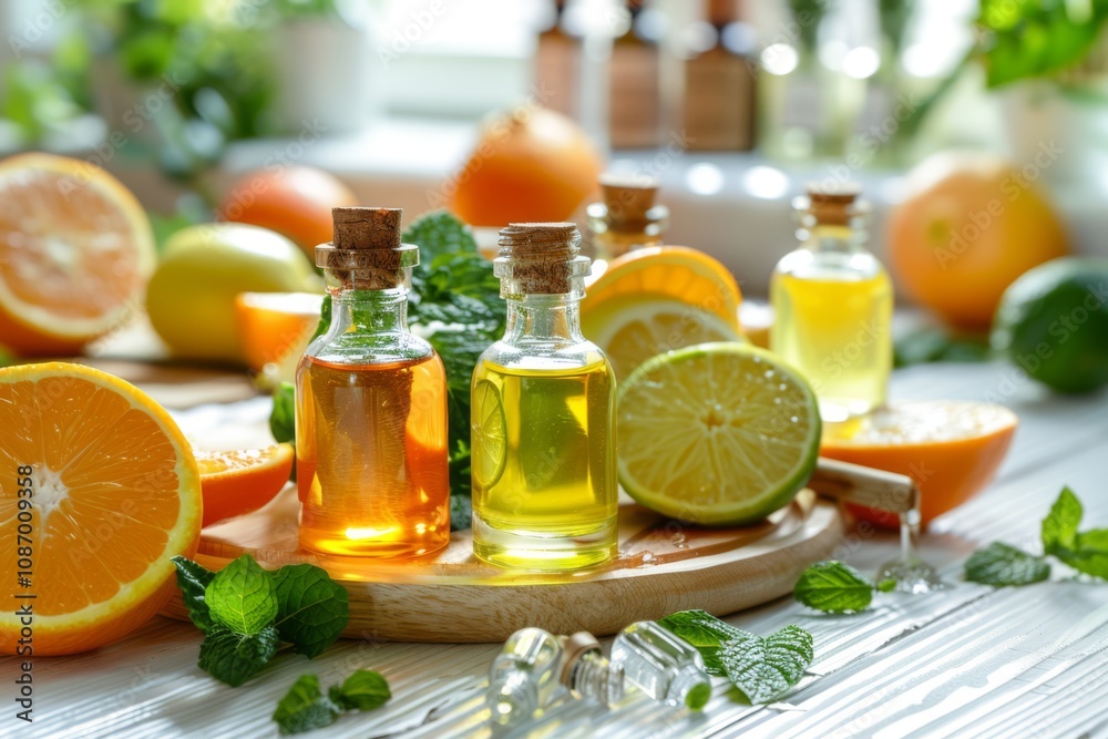 Close-Up Shot of Essential Oil Bottles Surrounded by Fresh Citrus Fruits and Green Mint Leaves in a Bright and Inviting Setting Close-Up Shot of Essential Oil Bottles Surrounded by Fresh Citrus Fruits and Green Mint Leaves in a Bright and Inviting Setting