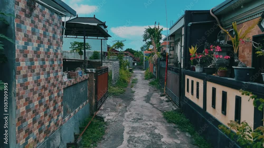 A drone moves through a narrow street in a rural tropical landscape, with no people in sight. The scene is bathed in sunny weather, showcasing lush greenery and traditional buildings. A drone moves through a narrow street in a rural tropical landscape, with no people in sight. The scene is bathed in sunny weather, showcasing lush greenery and traditional buildings.