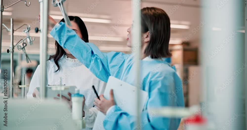 Science, machine and Asian women on tablet in lab for medicine, medical study and teamwork. Healthcare, biotechnology and Japanese scientists on tech for discovery, vaccine and dialysis research Science, machine and Asian women on tablet in lab for medicine, medical study and teamwork. Healthcare, biotechnology and Japanese scientists on tech for discovery, vaccine and dialysis research