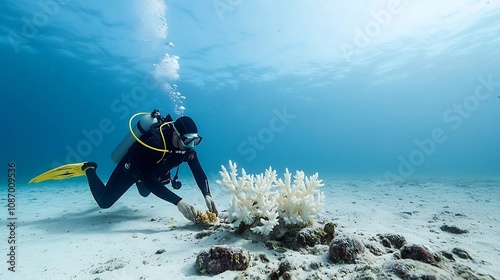 Diver carefully planting coral fragments on the ocean floor in a reef zone with soft natural lighting highlighting the delicate details of the marine life conservation effort photo