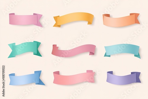 A large set of flat ribbons, labels, and speech bubbles in a vector illustration on a white background.