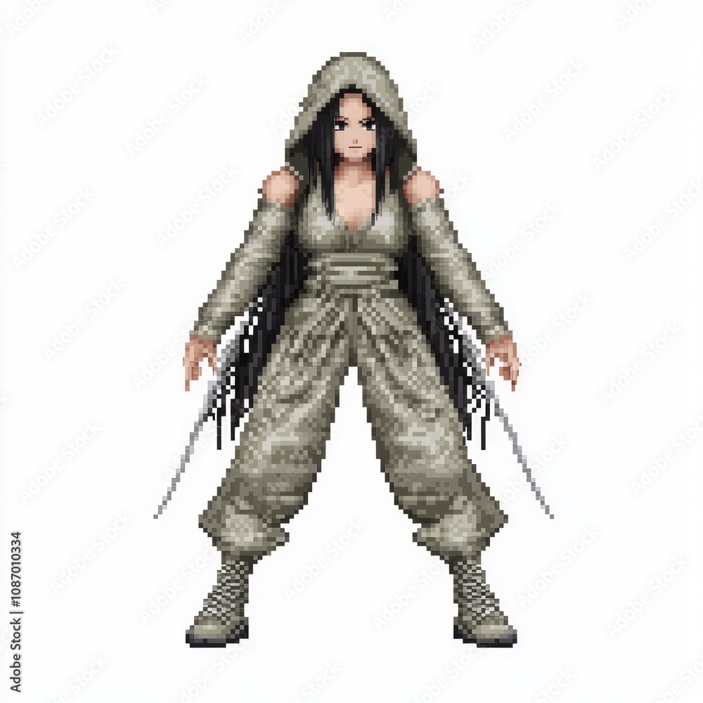 Digital Assassin - 8 Bit Style NPC Female Character Model Ready for Stealth with Hidden Blades in Pixelated Outfit on White Background Digital Assassin - 8 Bit Style NPC Female Character Model Ready for Stealth with Hidden Blades in Pixelated Outfit on White Background