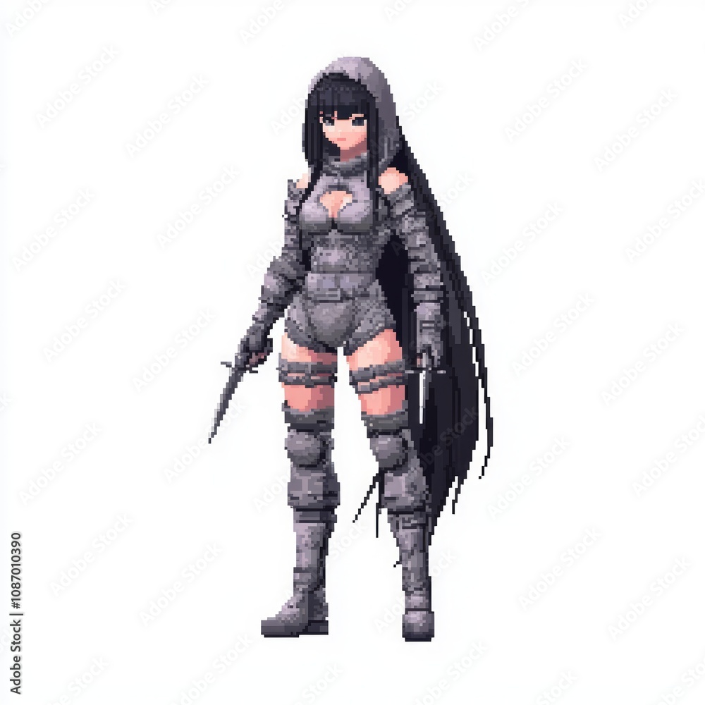 Digital Assassin - Mysterious 8-Bit NPC Female Character Model in Pixel Outfit Ready for Stealth | Isolated White Background Digital Assassin - Mysterious 8-Bit NPC Female Character Model in Pixel Outfit Ready for Stealth | Isolated White Background