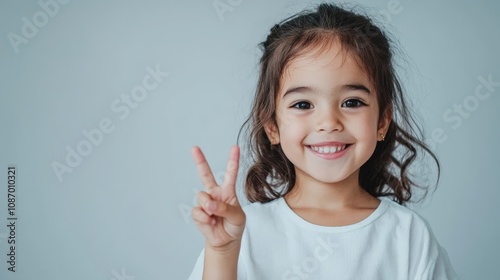 cheerful portrait of a young girl making a piece sign with her fingers