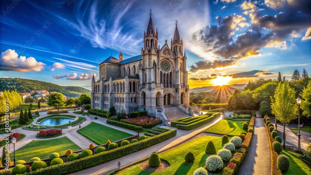 Obraz premium Panoramic View of the Stunning Basilica of St. Jean Surrounded by Lush Greenery and Clear Blue Skies, Capturing its Architectural Grandeur and Historical Significance