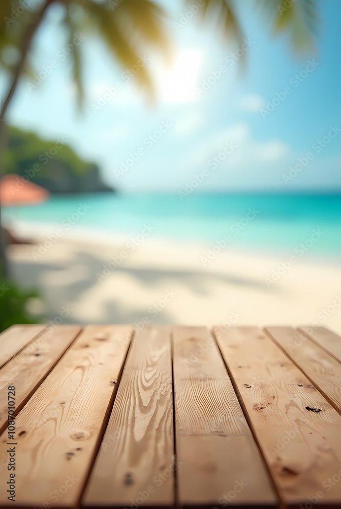 Fototapeta premium Wooden table top and blurred background with summer beach and sky for your product montage