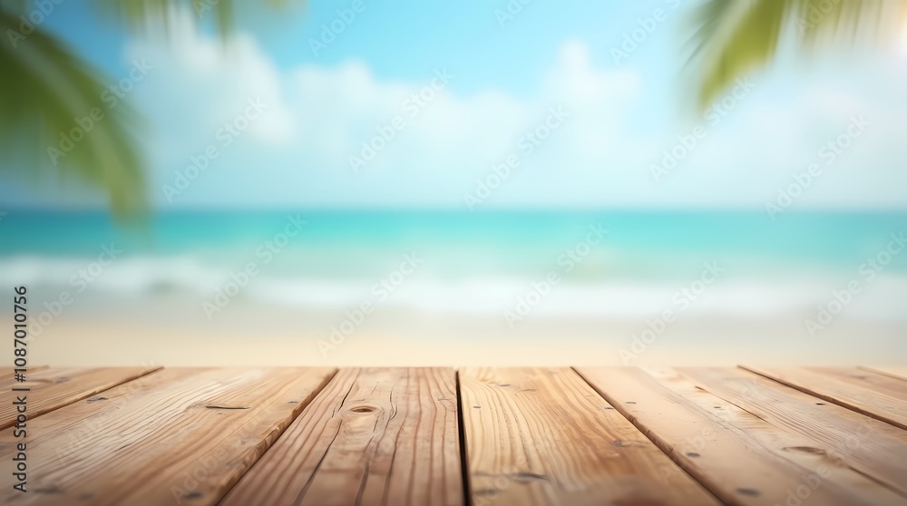 Fototapeta premium Wooden table top and blurred background with summer beach and sky for your product montage