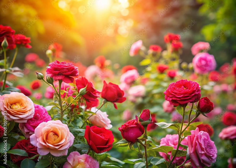 Panoramic View of Vibrant Roses Symbolizing Love in a Serene Garden Setting, Perfect for Romantic Themes and Floral Celebrations Panoramic View of Vibrant Roses Symbolizing Love in a Serene Garden Setting, Perfect for Romantic Themes and Floral Celebrations