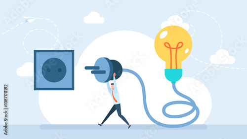 Connect idea. Bulb light, cord electrical plug connected to power socket. Creative thinking to success. business and finance concept. Yellow thought lamp. Plug in to wall socket. Vector illustration