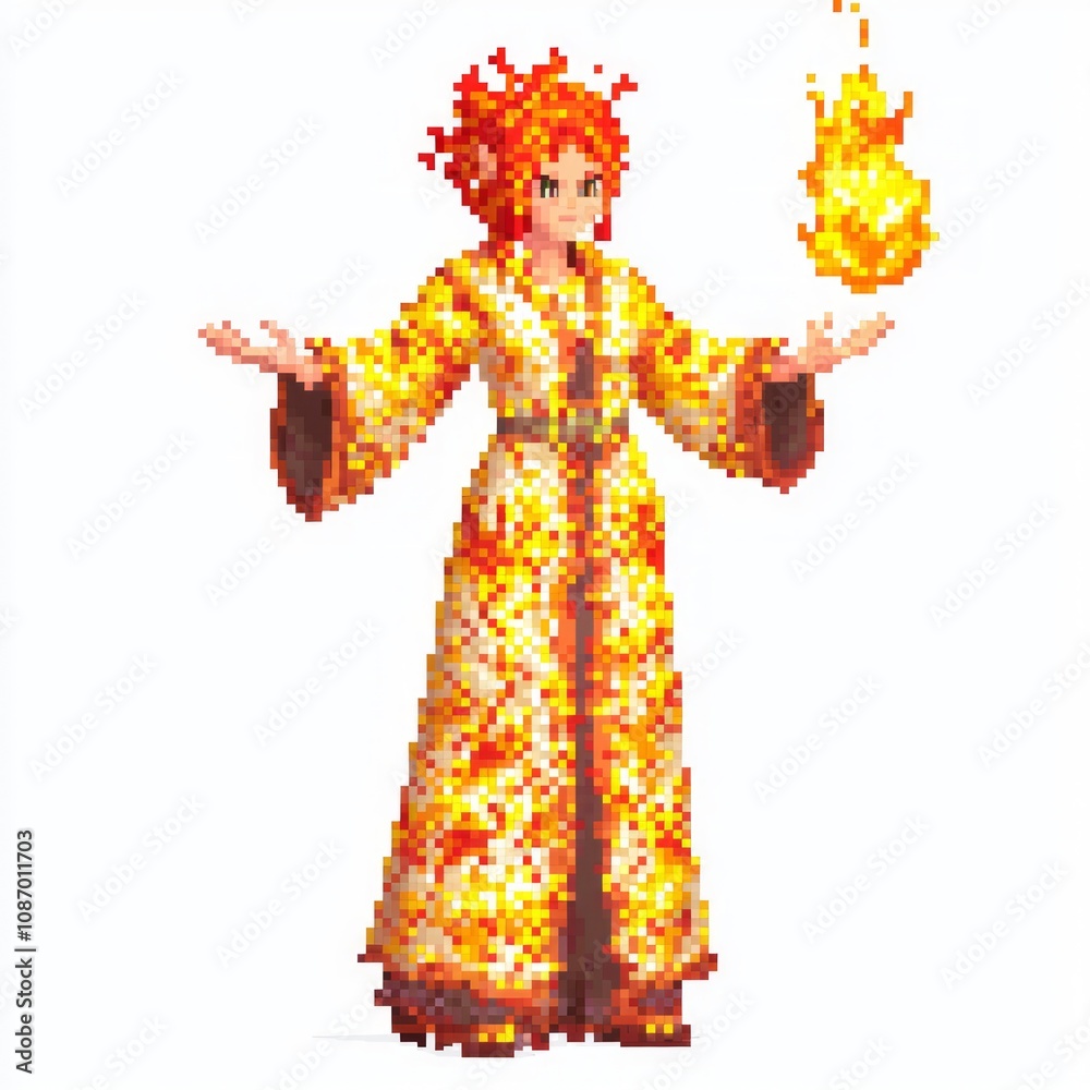 Fototapeta premium Digital Elemental Mage: 8-Bit NPC Female Character Model in Pixelated Robe Casting Fiery Spells