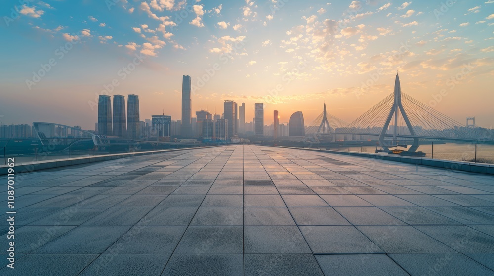 Fototapeta premium Empty square floor with city skyline background, Urban square with outdoor book fair, literary city scene