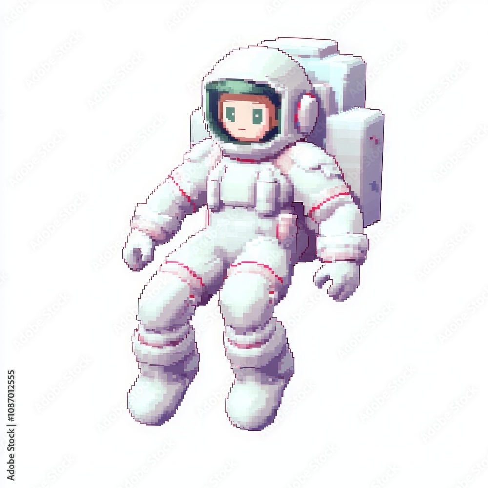 Pixelated 8-Bit Style NPC Female Astronaut Floating in Zero Gravity on Isolated White Background Pixelated 8-Bit Style NPC Female Astronaut Floating in Zero Gravity on Isolated White Background