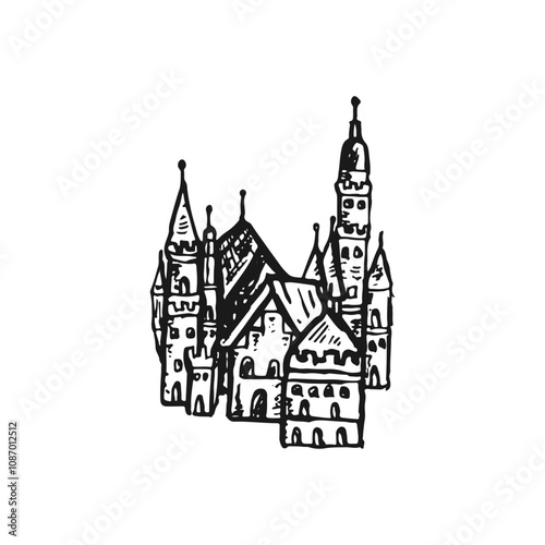 Hand-drawn doodle kid cartoon of castle building vector illustration.