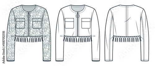Crop Jacket with Tassels trim technical fashion Illustration, floral pattern. Zipped Jacket fashion flat technical drawing template, pockets, front and back view, white, grey, women CAD mockup set.