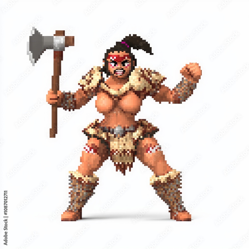 Pixelated Warrior Princess: 8-Bit Style Female NPC Character Model in Armor Set with Battle Axe and War Paint on Isolated White Background Pixelated Warrior Princess: 8-Bit Style Female NPC Character Model in Armor Set with Battle Axe and War Paint on Isolated White Background