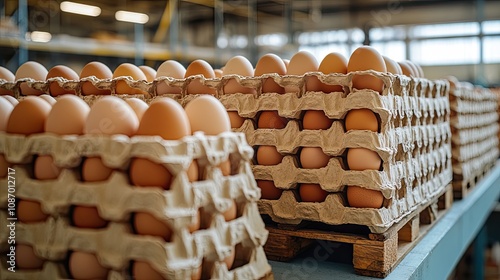 Sustainably packed eggs in neat stacks in a kitchen setting photo