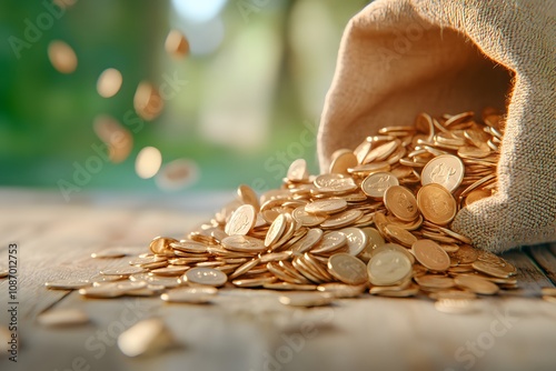 A pile of gold coins spilling out onto the table, with some scattered around it. The background is a blur of wood photo