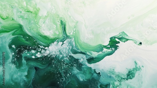 Abstract Green Acrylic Pour Painting: Emerald Swirls and Whimsical Bubbles