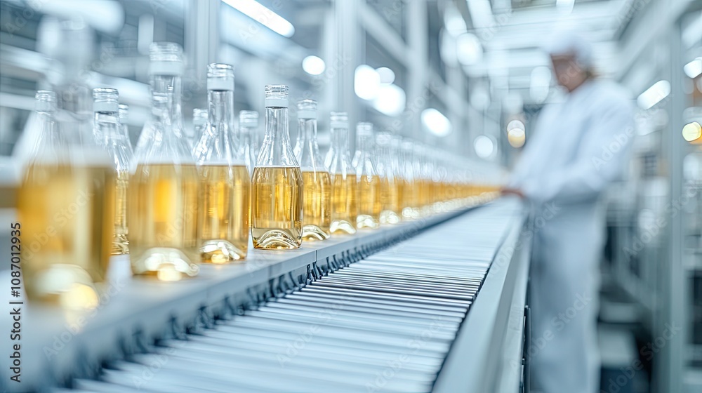 Sparkling wine bottles on a conveyor belt in a sleek industrial factory Sparkling wine bottles on a conveyor belt in a sleek industrial factory