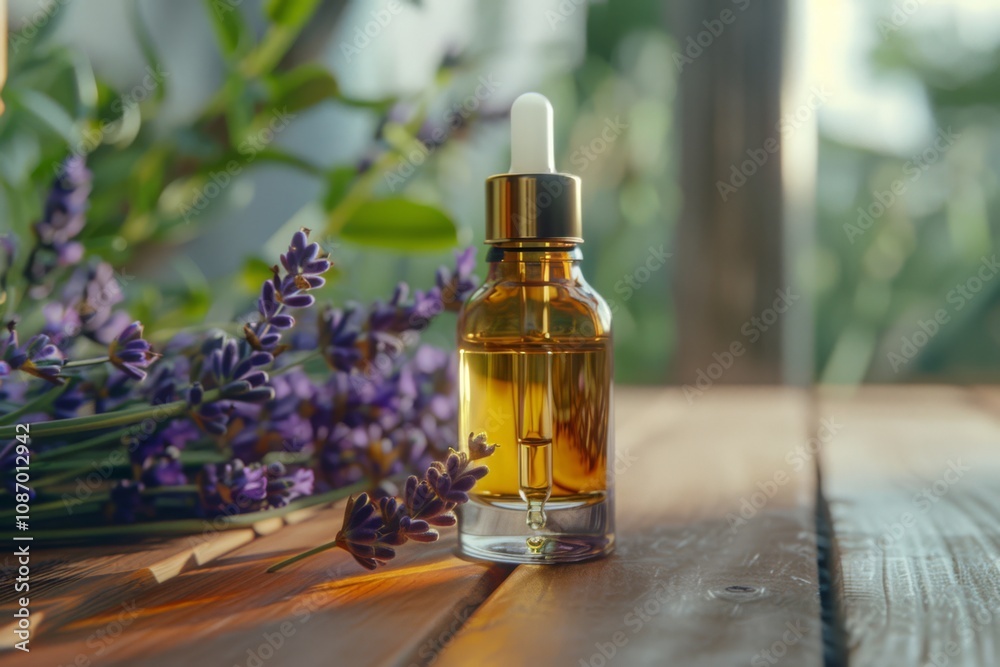 Elegant Glass Bottle of Essential Oil on Wooden Table Surrounded by Fresh Lavender Blooms in a Soft Natural Light Setting Elegant Glass Bottle of Essential Oil on Wooden Table Surrounded by Fresh Lavender Blooms in a Soft Natural Light Setting