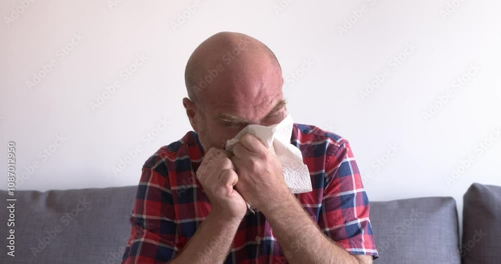 Mature man blows nose during dust allergy attack Mature man blows nose during dust allergy attack