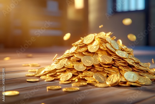 A pile of gold coins spilling out onto the table, with some scattered around it. The background is a blur of wood photo