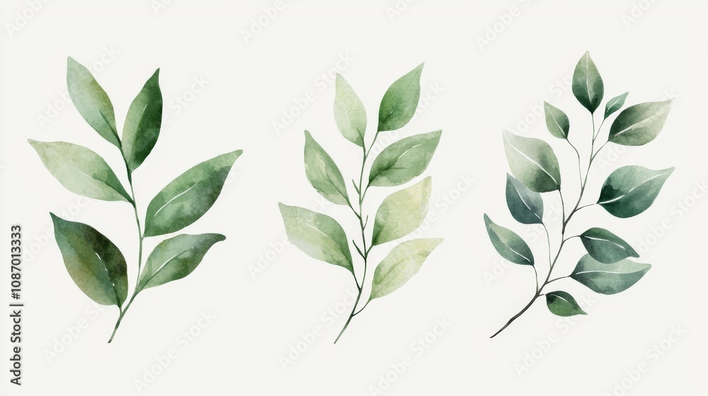 Fototapeta premium Watercolor Leaves Collection, Hand-painted floral illustrations featuring green leaves and branches on a white background, showcasing detailed foliage in a minimalist style