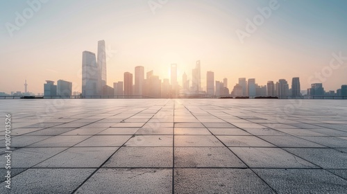 Empty square floor with city skyline background, City skyline with dynamic urban renewal project, revitalized cityscape photo