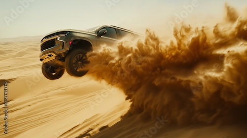 The car in midair, leaping off a sand dune with power and grace. photo