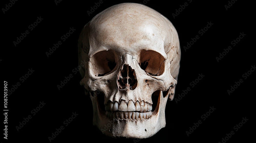 Human Skull Display, detailed front view of a human skull with an open mouth, set against a stark black background, emphasizing the intricate features and contours of the bone structure. Human Skull Display, detailed front view of a human skull with an open mouth, set against a stark black background, emphasizing the intricate features and contours of the bone structure.