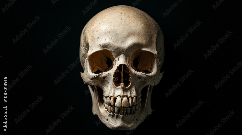 Human Skull Display, front view of a detailed skull with an open mouth, isolated against a deep black background, emphasizing intricate bone structure and shadows. Human Skull Display, front view of a detailed skull with an open mouth, isolated against a deep black background, emphasizing intricate bone structure and shadows.
