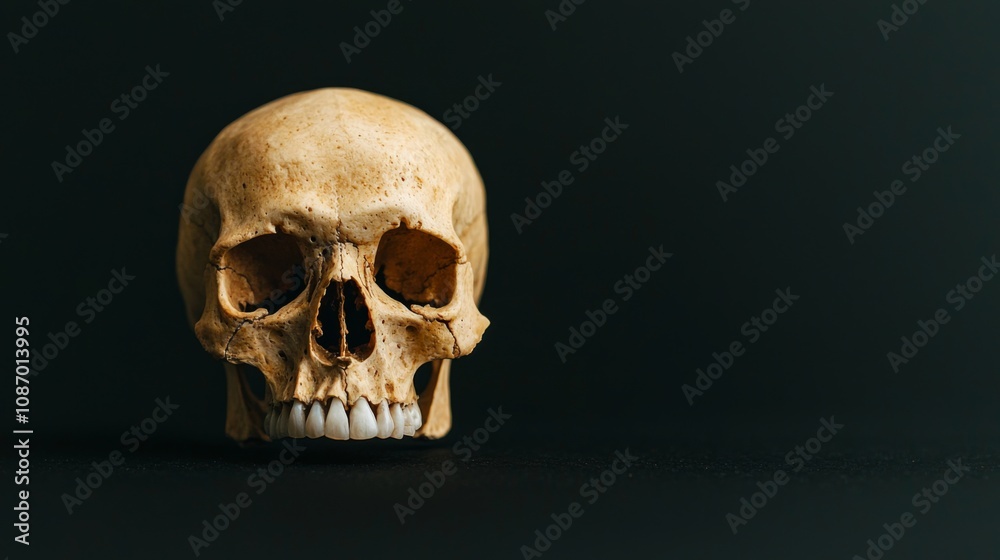 Detailed view of a human skull against a black backdrop, emphasizing intricate bone structure and texture, showcasing the unique characteristics of human anatomy. Detailed view of a human skull against a black backdrop, emphasizing intricate bone structure and texture, showcasing the unique characteristics of human anatomy.